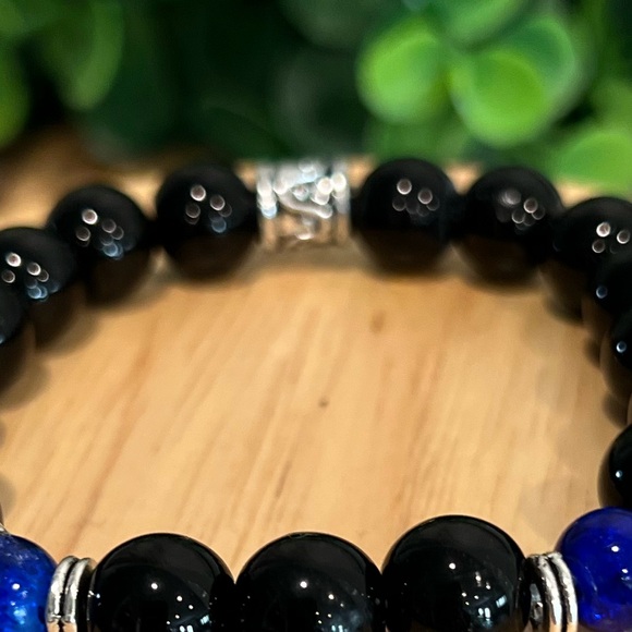 NWOT - Natural Black Onyx with Lapis Lazuli Men’s Stretch Bracelet - Picture 4 of 6